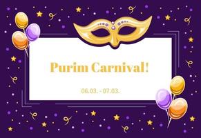 invitación de carnaval purim con marco blanco para texto o saludo, plantilla vectorial con máscara decorativa, globos y confeti. invitación para celebraciones y fiestas. vector