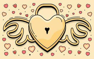 Heart Shaped Lock With Wings, Flying Heart Vector, Doodle Valentines Day hearts padlock, heart with wings, Cute greeting hearts lock vector