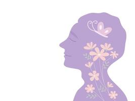 cara sonriente de un joven con flores y concepto de salud mental de mariposas. ilustración vectorial plana. vector