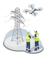 ingeniero o inspector de electricidad que usa una cámara de drones que inspecciona y mantiene el mantenimiento de un técnico eléctrico o un trabajador en una torre de transmisión eléctrica alta de alto voltaje de la planta de energía isométrica vector