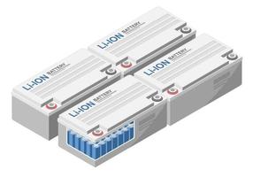 conjunto de baterías de iones de litio paquete de energía de células solares de iones de litio modelo de equipo de energía de plantas solares ilustraciones isométricas vector