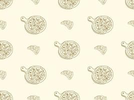 Pizza cartoon character seamless pattern on orange background. vector