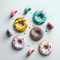 doughnuts on white background, perfect for advertising, packaging, menus, cookbooks. Highlighting texture and details, shot from above, high-res suitable for printing, posters, banners and more