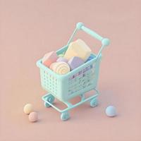 Cute whimsical 3D shopping cart icon character perfect for e-commerce, retail projects, website icons, app buttons, marketing materials. Adorable cartoon-like design, cheerful colors photo