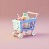 Cute whimsical 3D shopping cart icon character perfect for e-commerce, retail projects, website icons, app buttons, marketing materials. Adorable cartoon-like design, cheerful colors photo