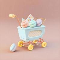 lindo personaje de icono de carro de compras 3d caprichoso perfecto para comercio electrónico, proyectos minoristas, íconos de sitios web, botones de aplicaciones, materiales de marketing. adorable diseño de dibujos animados, colores alegres foto