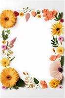 Top view floral background photo with plenty of copy space, perfect for website backgrounds, social media posts, advertising, packaging, etc. Vibrant flowers, lush greenery, shallow depth of field.