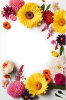 Top view floral background photo with plenty of copy space, perfect for website backgrounds, social media posts, advertising, packaging, etc. Vibrant flowers, lush greenery, shallow depth of field.