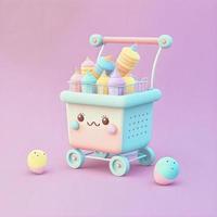 lindo personaje de icono de carro de compras 3d caprichoso perfecto para comercio electrónico, proyectos minoristas, íconos de sitios web, botones de aplicaciones, materiales de marketing. adorable diseño de dibujos animados, colores alegres foto