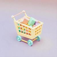 Cute whimsical 3D shopping cart icon character perfect for e-commerce, retail projects, website icons, app buttons, marketing materials. Adorable cartoon-like design, cheerful colors photo