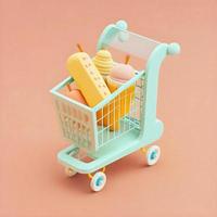 Cute whimsical 3D shopping cart icon character perfect for e-commerce, retail projects, website icons, app buttons, marketing materials. Adorable cartoon-like design, cheerful colors photo