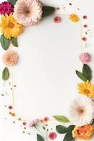 Top view floral background photo with plenty of copy space, perfect for website backgrounds, social media posts, advertising, packaging, etc. Vibrant flowers, lush greenery, shallow depth of field.