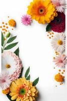 Top view floral background photo with plenty of copy space, perfect for website backgrounds, social media posts, advertising, packaging, etc. Vibrant flowers, lush greenery, shallow depth of field.