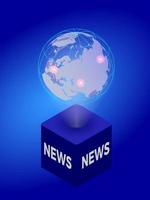 Worldwide news, isometric style. Breaking news. Globe, earth projection, neon vector