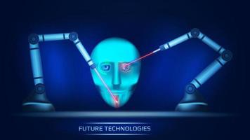 A futuristic concept of artificial intelligence where two mechanical manipulators create cybernetic head of robot with lasers. Cyborg face. Vector illustration.