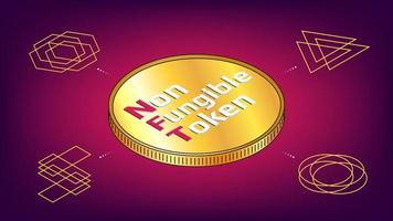 infografías de tokens no fungibles nft con monedas de oro isométricas en el centro y tokens únicos alrededor. paga por coleccionables únicos en juegos o arte. ilustración vectorial vector