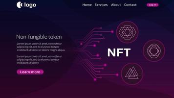 Website header template for NFT nonfungible tokens with pcb tracks and unique coins on dark background. Pay for unique collectibles in games or art. Vector illustration.