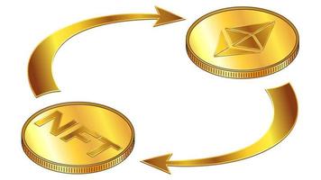 NFT and Ethereum ETH circulation isometric concept with gold coins and cyclical arrows isolated on white. Rotation of non fungible tokens and digital money. Vector design element.