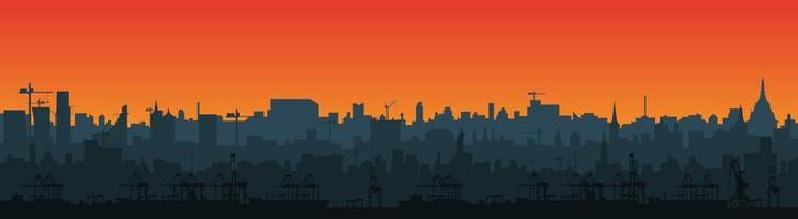 Long city skyline silhouette in a flat style for the footer. Modern cityscape and cargo port with cranes. Layers for parallax.  Vector EPS10.