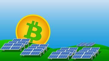 Bitcoin mining concept using solar panels to protect environment. Vector illustration.