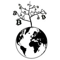 Bitcoin growth concept in world with planet Earth and tree with bitcoins isolated on white. Black and white silhouette. Vector illustration.