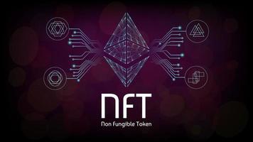 NFT non fungible tokens infographics with pcb tracks and different tokens on dark background. Pay for unique collectibles in games or art. Vector illustration.