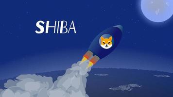 Shiba flies to the moon in spaceship. Rocket with a dog's muzzle takes off from the ground and rushes upward. Symbolizes the Shiba Inu SHIB or DOGE project. Vector illustration.