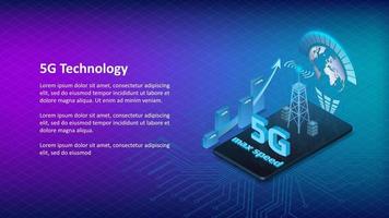 Plantilla de banner de tecnología de Internet 5g con teléfono isométrico sobre fondo azul y espacio de copia. flecha arriba con barras de porcentaje y torre de señales. ilustración vectorial vector