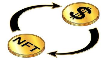 NFT and Dollar USD circulation isometric concept with black symbols on gold coins and cyclical arrows isolated on white. Rotation of non fungible tokens and money. Vector design element.