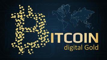 Text bitcoin digital gold written in gold color on a dark background. Bitcoin logo made of golden blocks. Circuit board and world map on background. For websites, news and articles. Vector EPS 10.