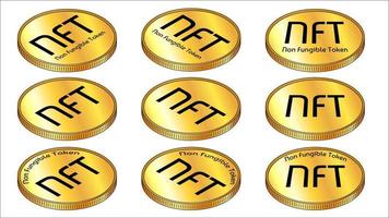 Set of isometric golden coins NFT non fungible tokens isolated on white. Pay for unique collectibles in games or art. Vector illustration.