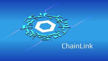 ChainLink LINK isometric token symbol of the DeFi project in digital circle on blue background. Cryptocurrency icon. Decentralized finance programs. Vector EPS10.