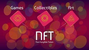 NFT non fungible tokens infographics on colorful abstract background. Pay for unique collectibles in games or art. Vector illustration.