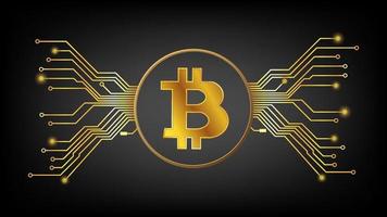 símbolo de criptomoneda de oro bitcoin btc en círculo con pistas de pcb sobre fondo oscuro. elemento de diseño en estilo techno para sitio web o banner. ilustración vectorial vector