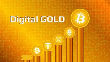 monedas de criptomoneda sobre pedestales de oro sobre un fondo dorado. bitcoin de oro digital y altcoins se clasifican por volumen. eps10 vectoriales. vector