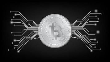 Detailed gold coin Bitcoin BTC token with pcb tracks in black and white on dark background. Digital gold in techno style for website or banner. Vector illustration.