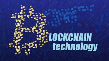Blockchain technology text on blue digital background with a golden bitcoin logo made of blocks. Numbers on the background. Template for websites, news or articles. Vector EPS 10.