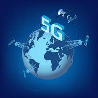 5G LTE technology of high speed data transmission with isometric satellite flying around the planet Earth and transmission towers. Design element for website or banner. Vector illustration.