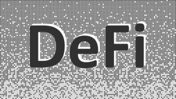 Defi - decentralized finance, black and white text on fragmented matrix background from squares. Ecosystem of financial applications and services based on public blockchains. Vector illustration.