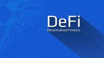 Defi - decentralized finance. An ecosystem of financial applications and services based on public blockchains. White lettering on a blue background with a printed circuit board. Vector EPS 10.