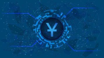 Yuan CNY coin symbol in circle with digital theme on blue background. China currency icon for website or banner. Copy space. Vector EPS10.