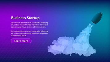 Business startup website template header with launching rocket. Launch of the project. Web banner for landing page. Vector illustration.