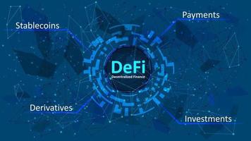 Defi - decentralized finance in a digital circle on dark blue abstract polygonal background. An ecosystem of financial applications and services based on public blockchains. Vector EPS 10.