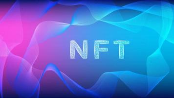 NFT non fungible tokens in polygonal wireframe style on colorful abstract background with waves. Pay for unique collectibles in games or art. Vector illustration.