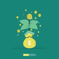 Return on investment concept, ROI chart and graph, Business, profit, and success. Growing money tree, Gold coins on branches. Symbol of wealth. Flat style vector illustration