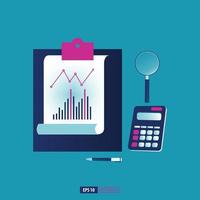 analice los datos comerciales con la herramienta de elementos de papelería de oficina. Ilustración de vector de concepto de negocio