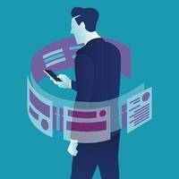 Businessman controlling futuristic circle hologram interface with smartphone. Business vector concept illustration