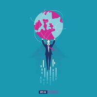 Business man flying holding world globe with arrow success concept. Business vector illustration