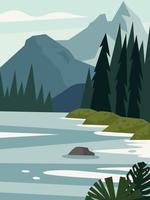 Beautiful modern view of nature landscape with forest, mountains,river,lake,waterfall,and pines. Banner, background scenery vector illustration