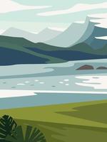 Beautiful modern view of nature landscape with forest, mountains,river,lake,waterfall,and pines. Banner, background scenery vector illustration